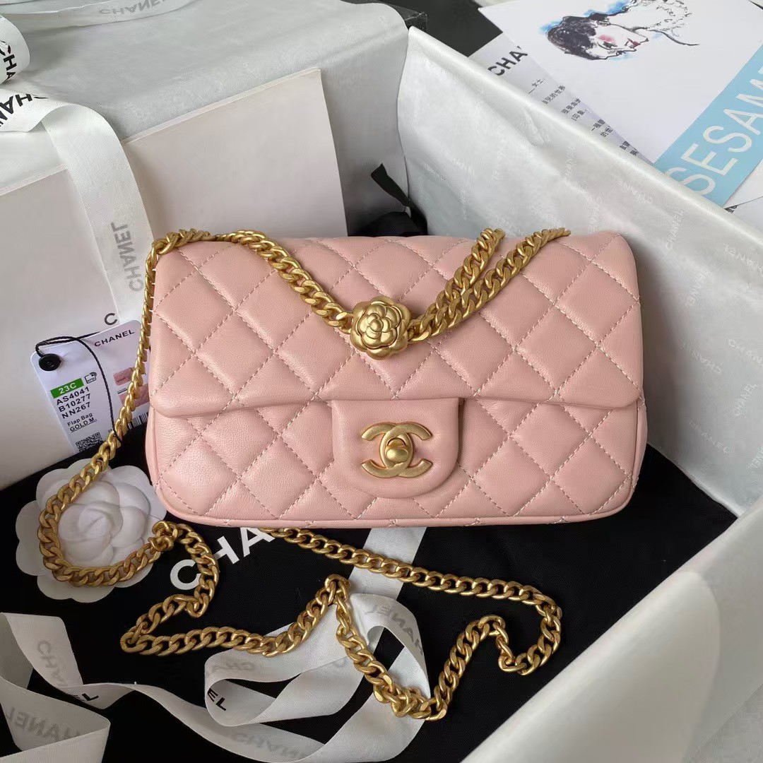Replicate Chanel 23S AS4041 Mini Camellia Embossed Rectangular Flap Bag Antique Gold Metal Hardware Light Pink(1:1 replica)