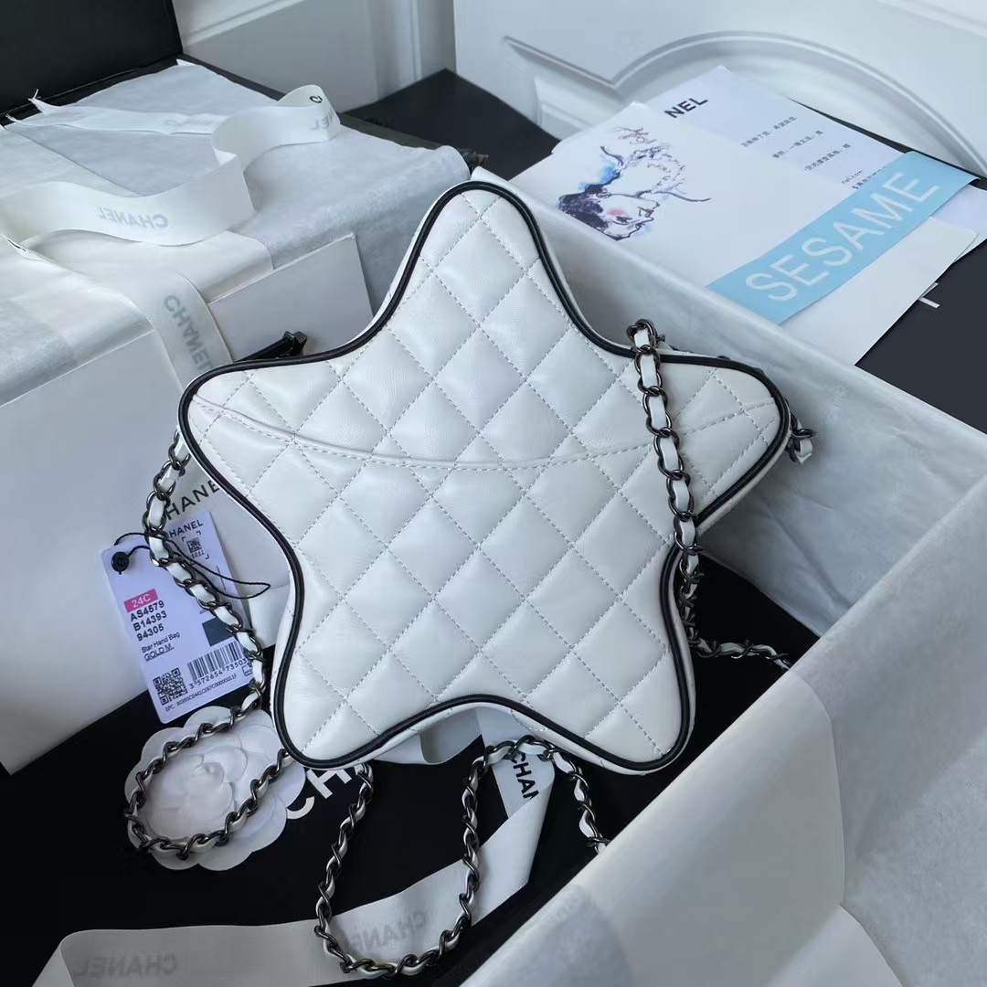 Replicate Chanel 24C AS4579 Star Bag White and Black Satin Black Metal Hardware(1:1 replica)