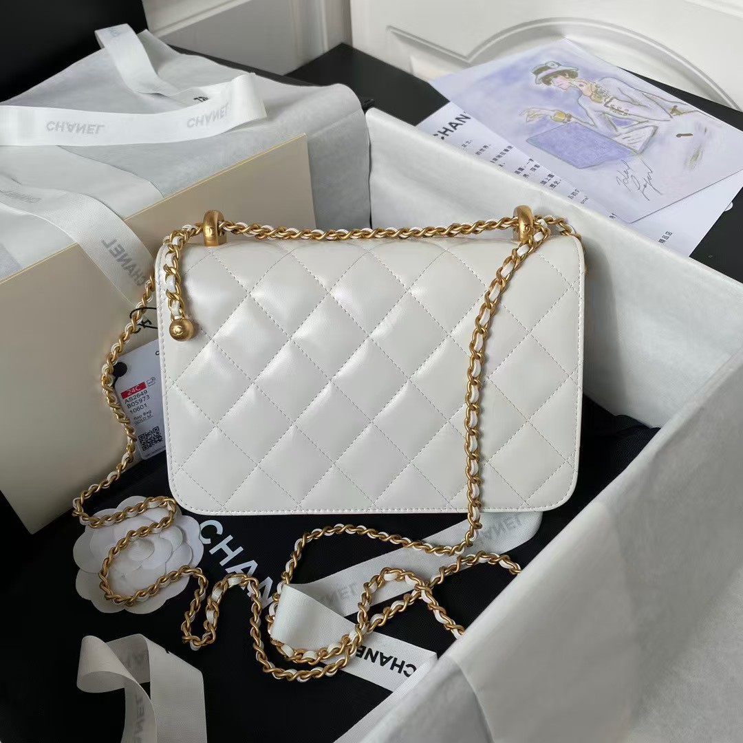Replicate Chanel AS2649 Chain Bag With Gold Charm Small Vintage Calfskin Bag White(1:1 replica)