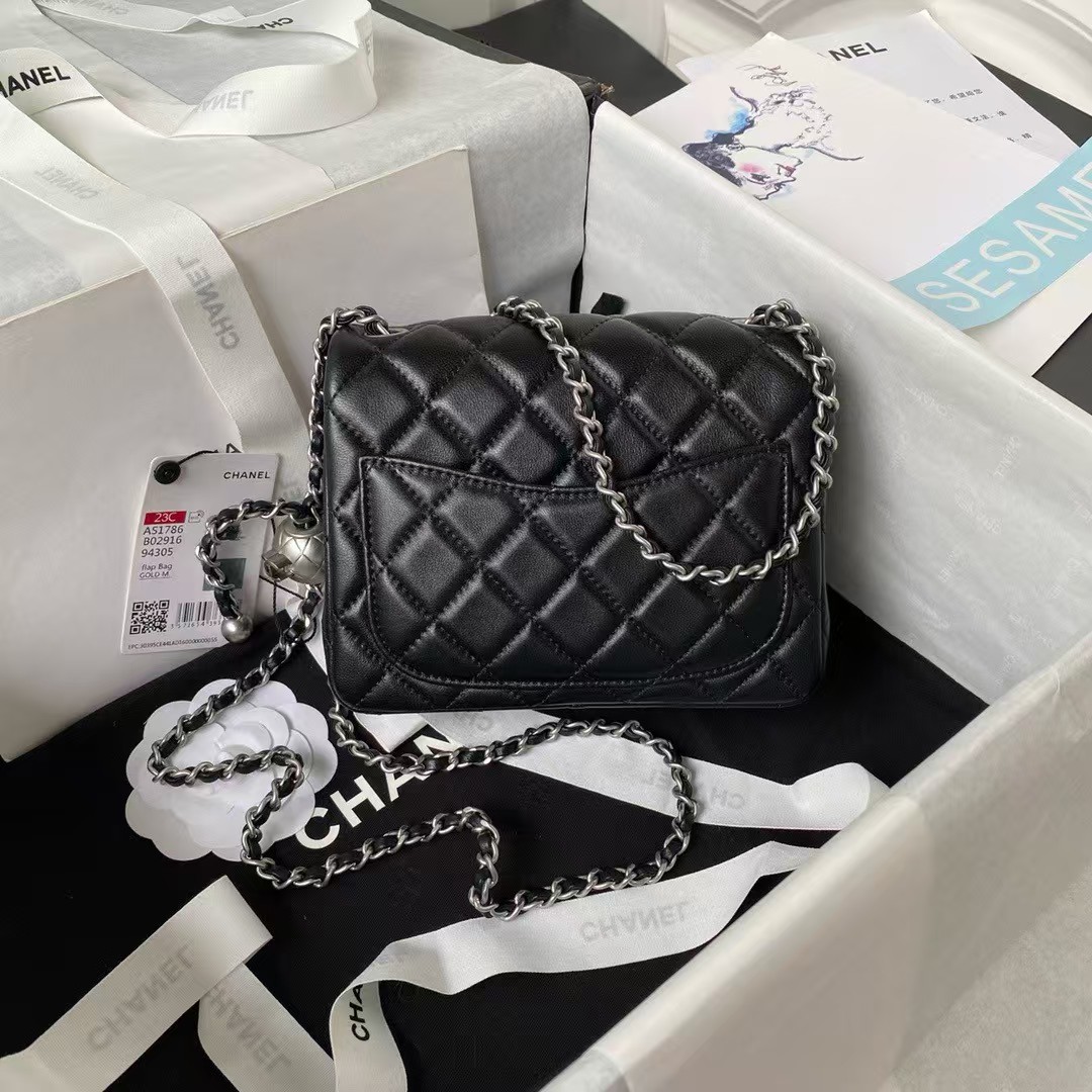 Replicate Chanel 23C AS1786 Mini Square Pearl Embossed Flap Bag Antique Silver Hardware Black(1:1 replica)