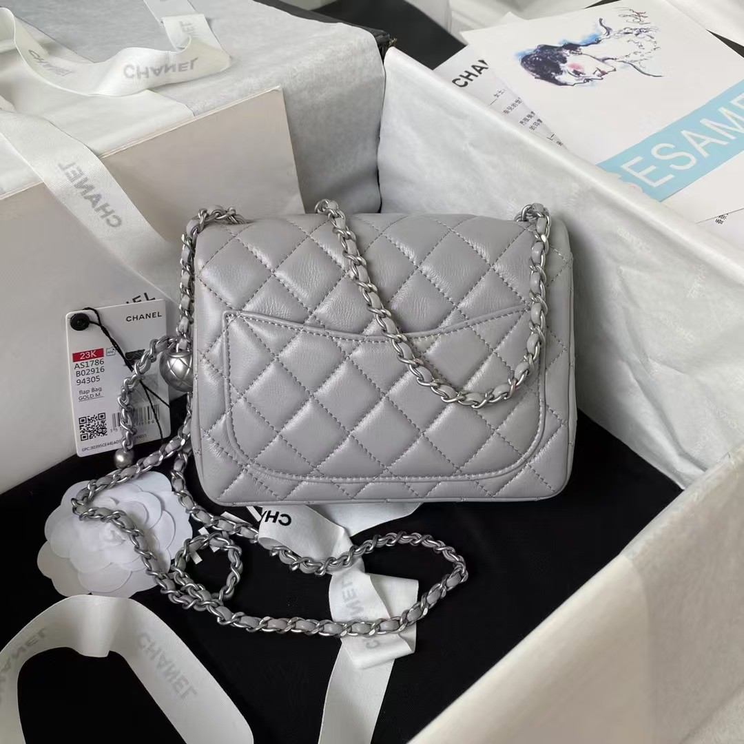 Replicate Chanel 23C AS1786 Mini Square Pearl Embossed Flap Bag Antique Silver Hardware Grey(1:1 replica)
