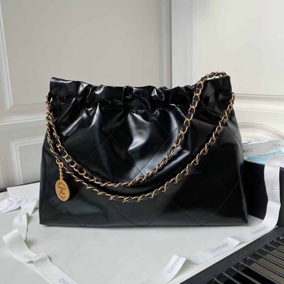 Replicate Chanel 22 Hobo Bag 24C AS4486 Gold Metallic Black Shiny Calfskin New Edition Horizontal(1:1 replica)