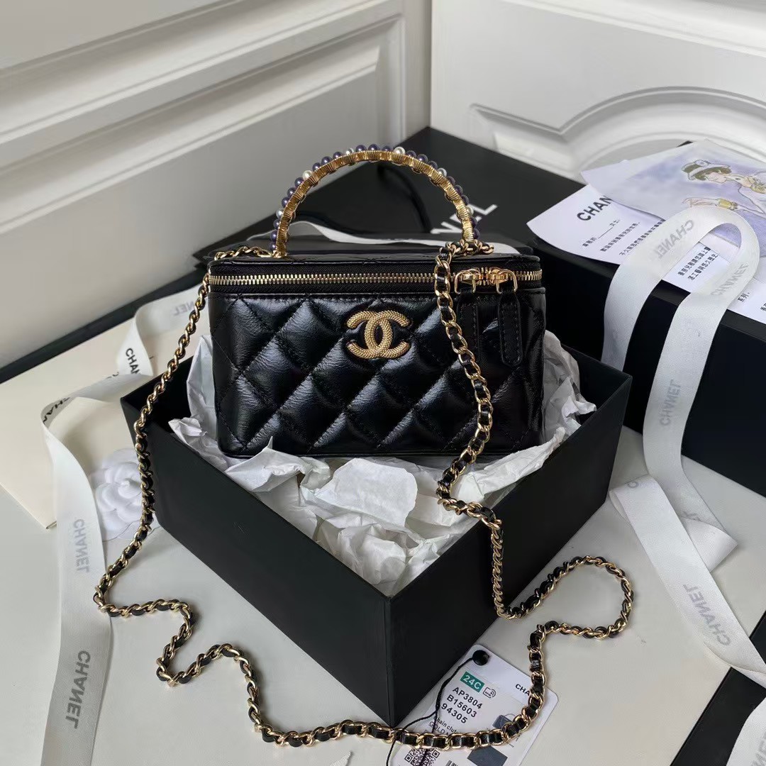 Replicate Chanel AP3804 Clutch Lambskin Cosmetic Bag With Pearl Handle Black(1:1 replica)