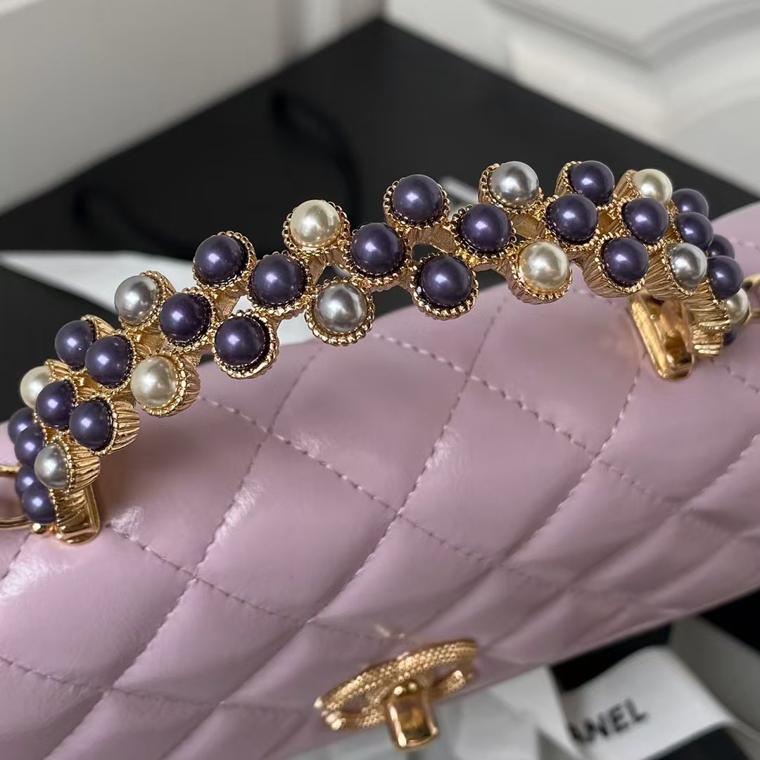 Replicate Chanel 24P AP3803 Shiny Crinkled Lambskin Chain Clutch Pearl Handle Purple(1:1 replica)