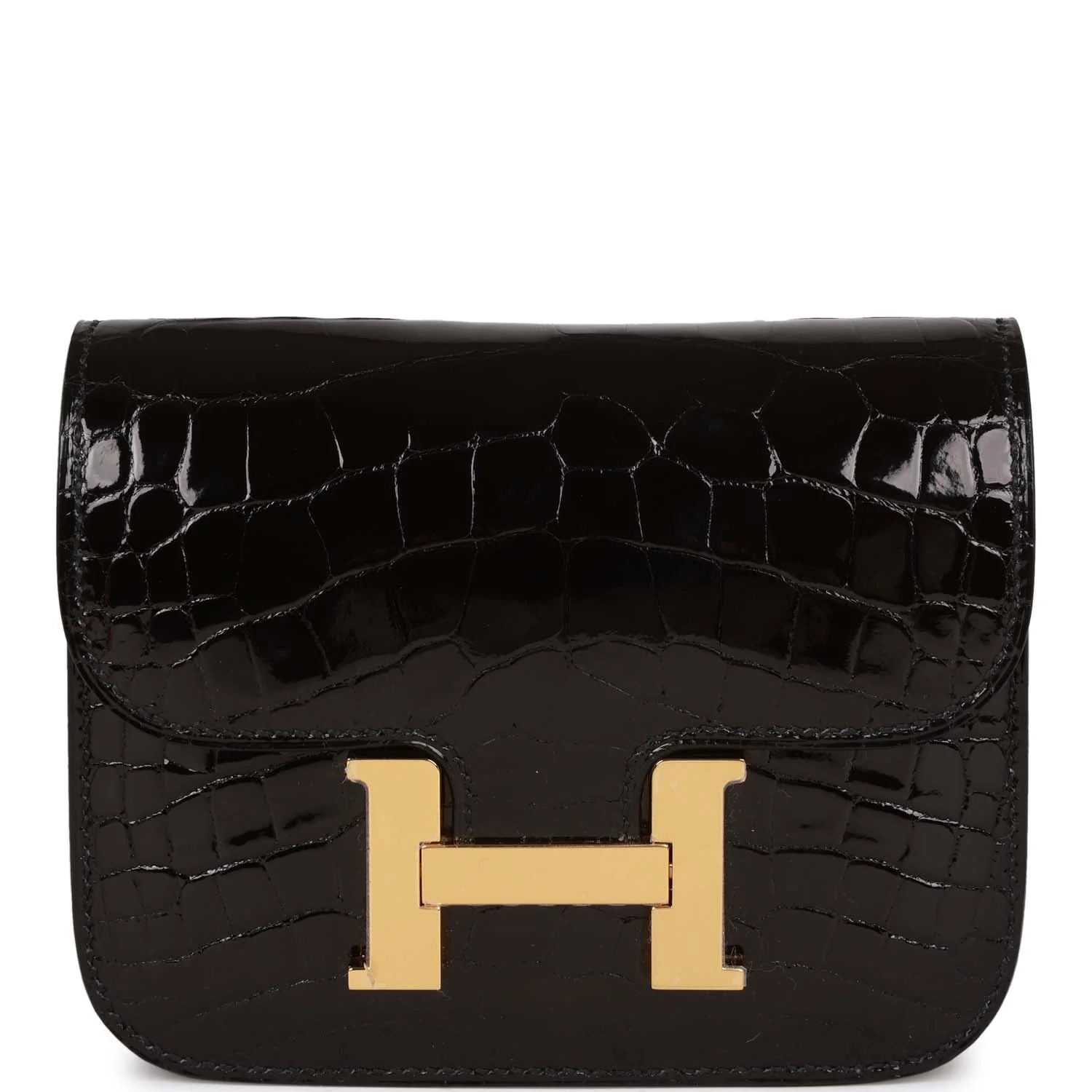 Replicate Hermes Constance Slim Wallet Shiny Black Alligator Gold Hardware(1:1 replica)