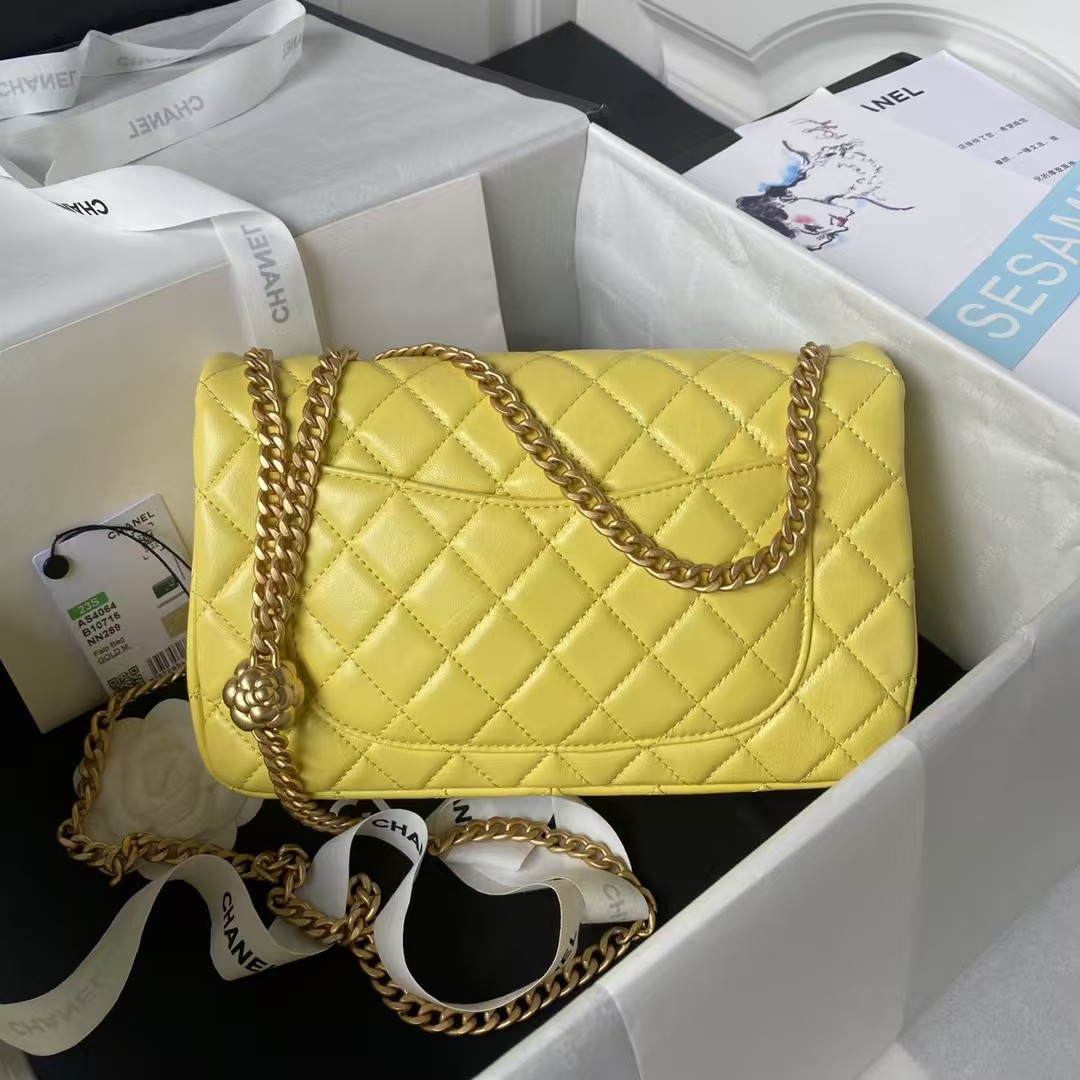 Replicate Chanel 23S AS4064 Camellia Embossed Chain Lambskin Flap Bag Yellow(1:1 replica)