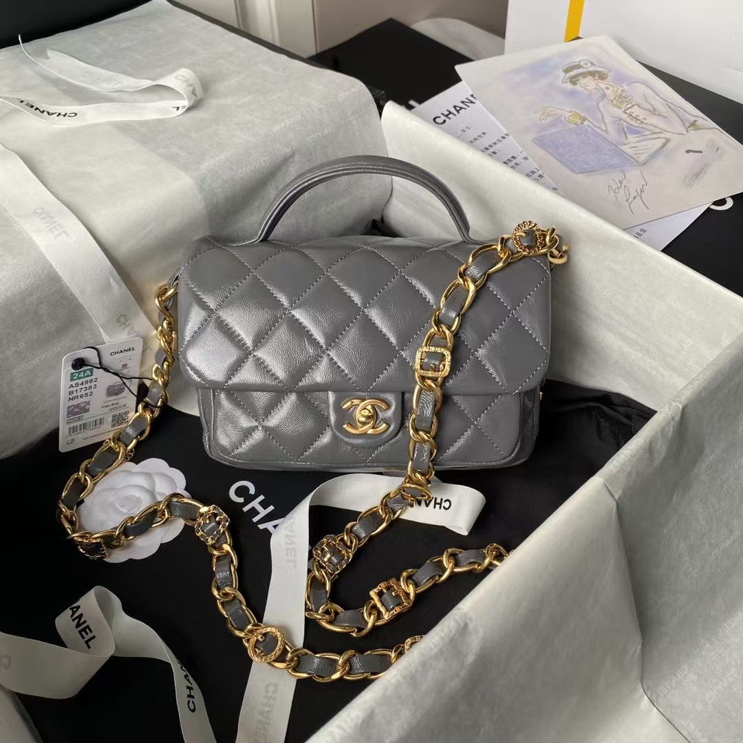 Replicate Chanel 24A AS4992 Mini Shiny Lambskin Flap Bag with Top Handle Grey(1:1 replica)