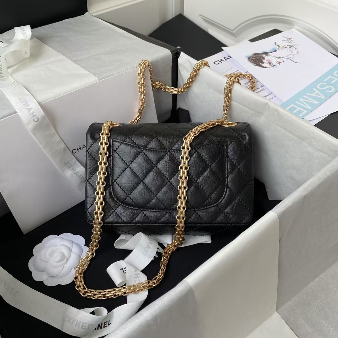 Replicate Chanel 23A Classic Mini 2.55 Flap Bag Black Distressed Calfskin Gold Hardware(1:1 replica)