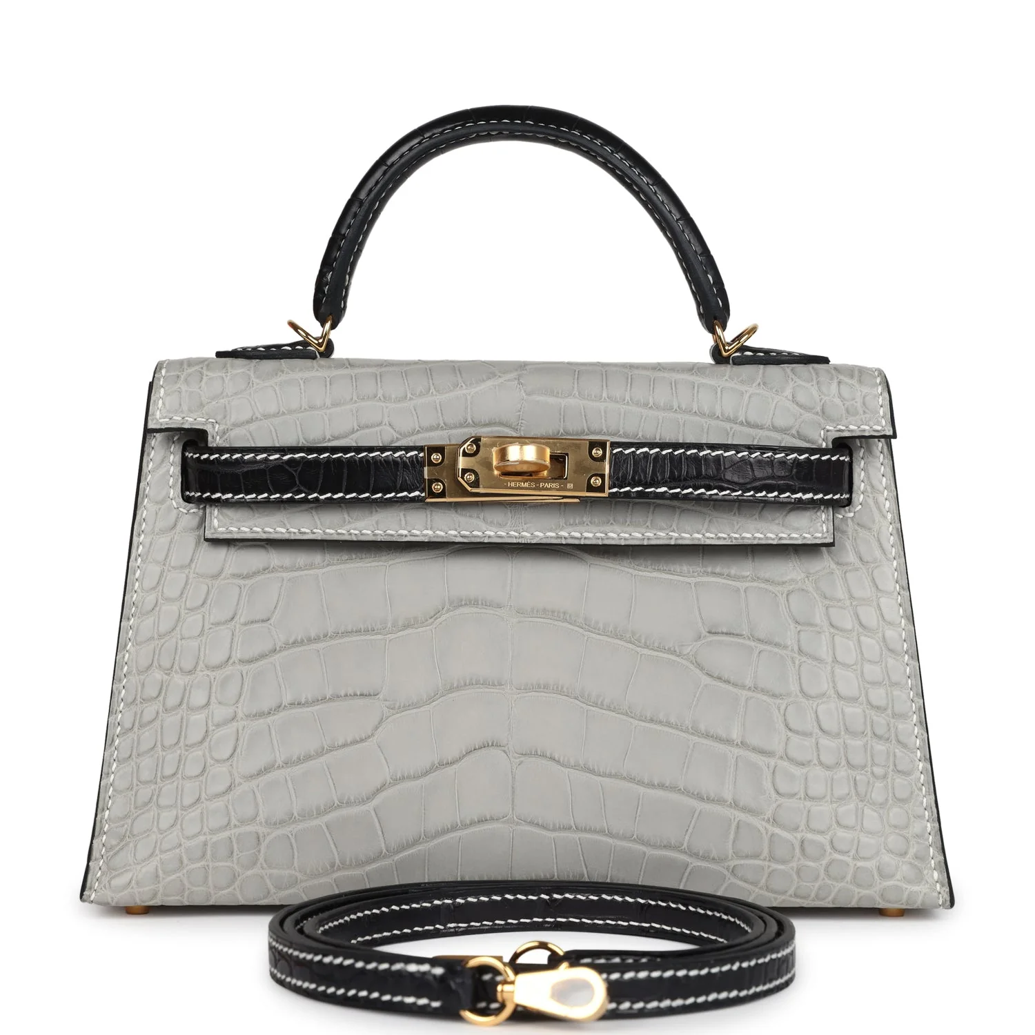Replicate Hermes Special Order (HSS) Kelly Sellier 20 Gris Perle and Black Matte Alligator Gold Hardware(1:1 replica)