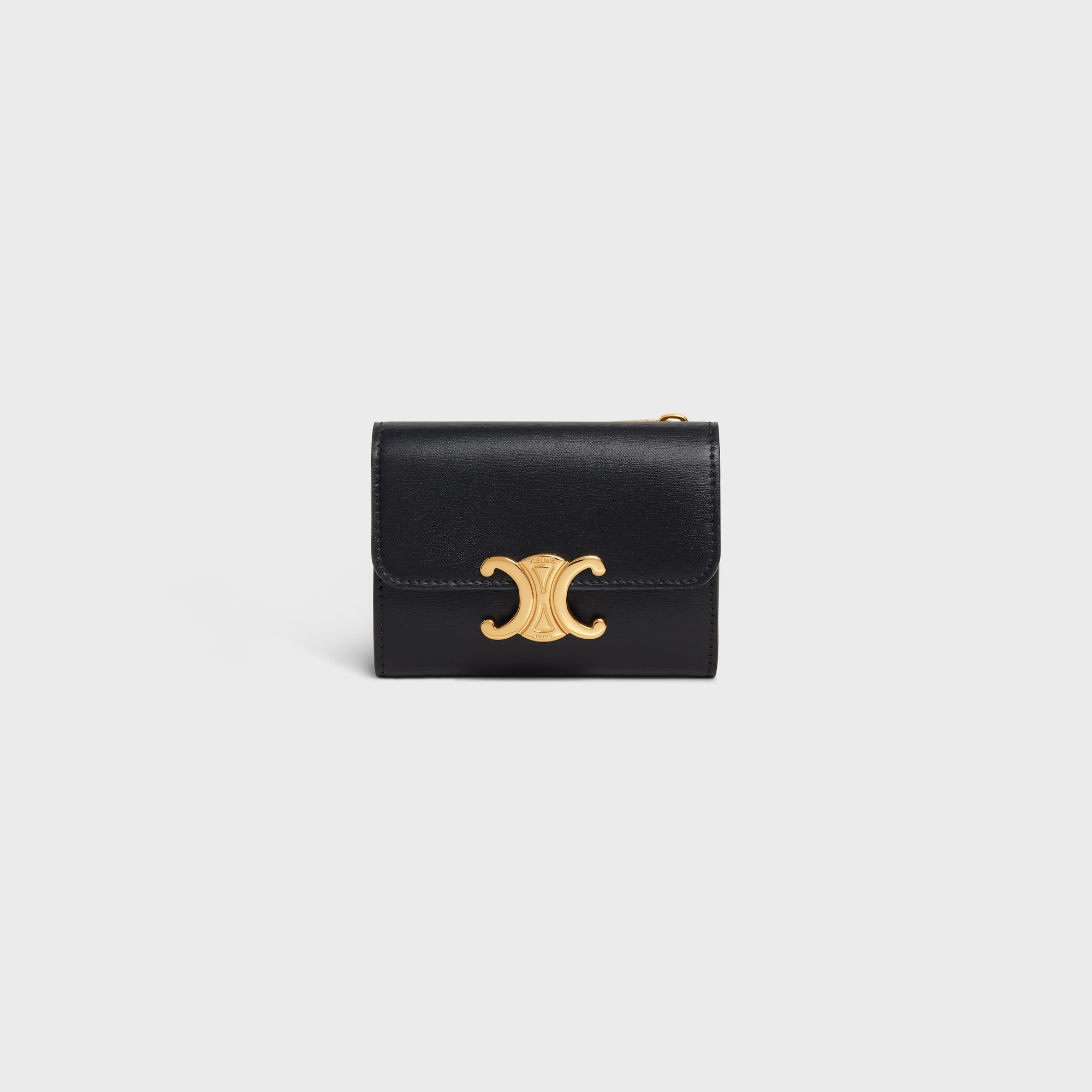 Replicate COMPACT WALLET WITH COIN TRIOMPHE IN SHINY CALFSKIN BLACK(1:1 replica)