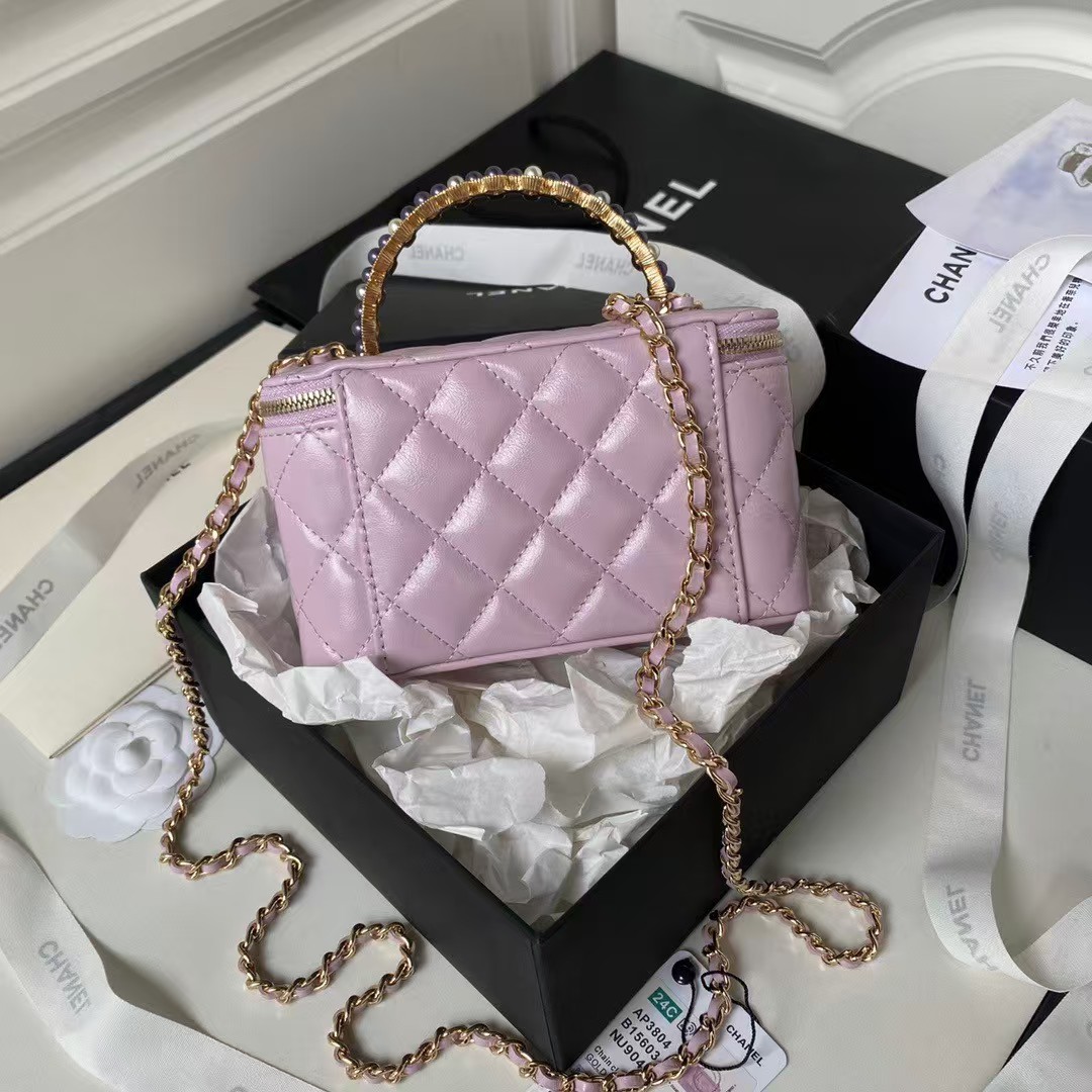 Replicate Chanel AP3804 Lambskin Cosmetic Bag With Pearl Handle Pink Purple(1:1 replica)
