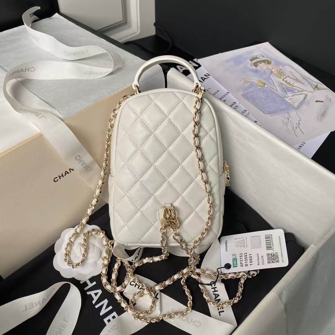 Replicate Chanel 24C AP3573 Mini Backpack Lambskin Gold Metal White(1:1 replica)