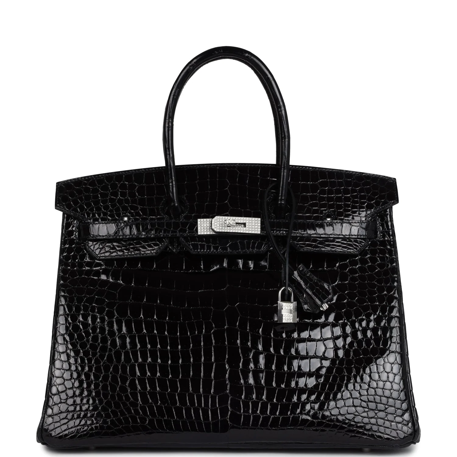 Replicate Hermes Birkin 35 Black Shiny Porosus Crocodile 18K White Gold Diamond Hardware(1:1 replica)