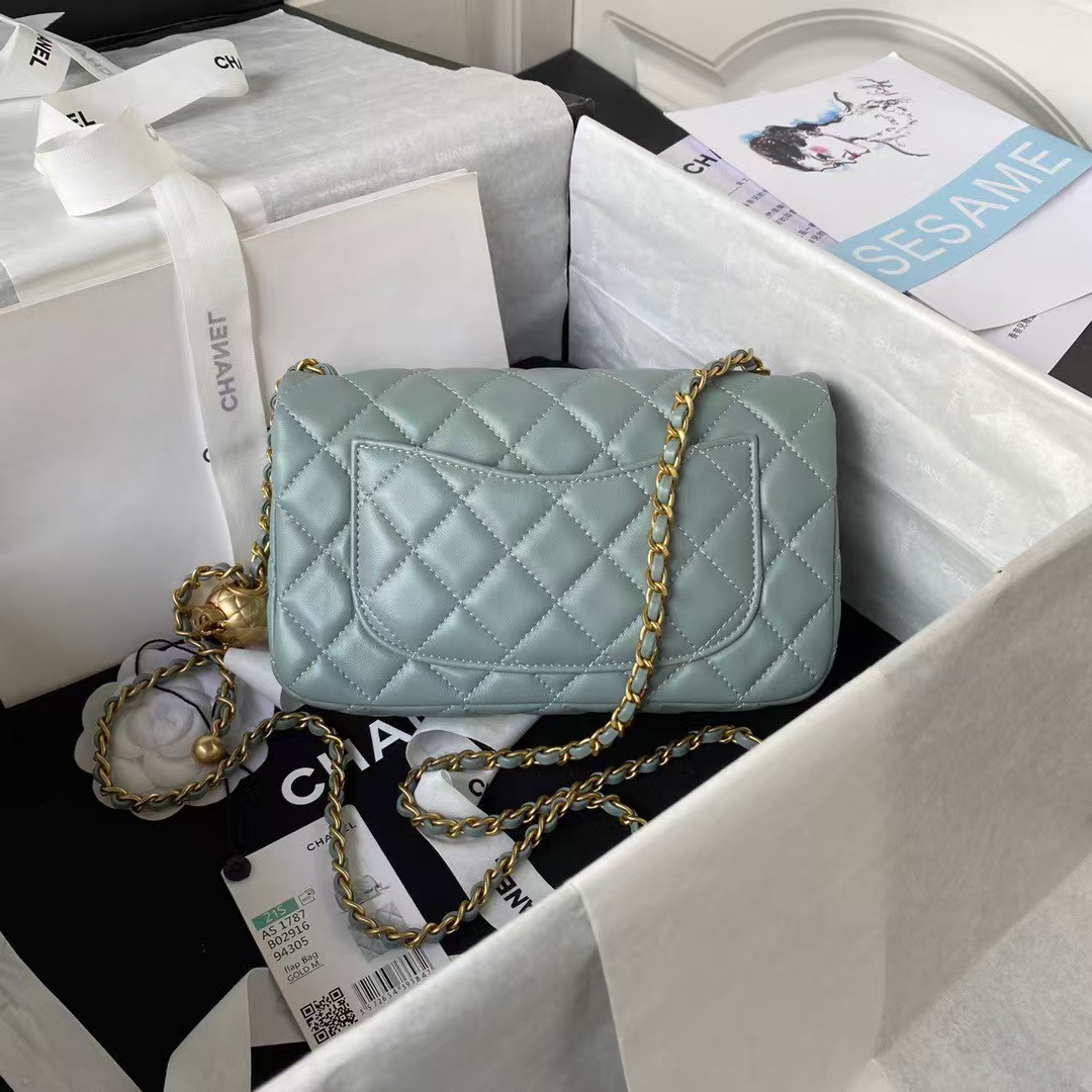 Replicate Chanel 23K AS1787 Mini Pearl Embossed Rectangular Flap Bag Lambskin Brushed Metal Hardware Light Blue(1:1 replica)