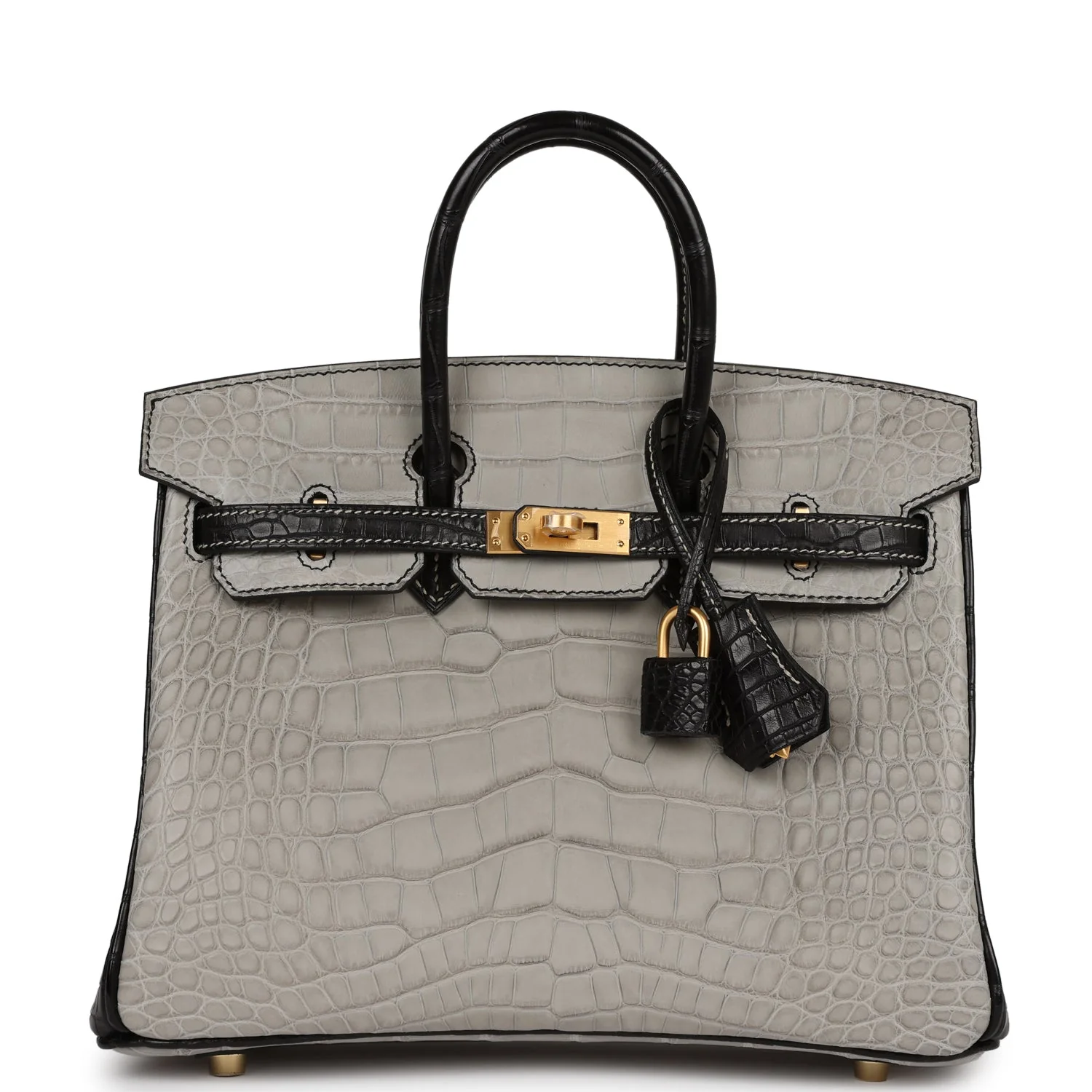 Replicate Hermes Special Order (HSS) Birkin 25 Gris Perle and Black Matte Alligator Mississippienis Brushed Gold Hardware(1:1 replica)