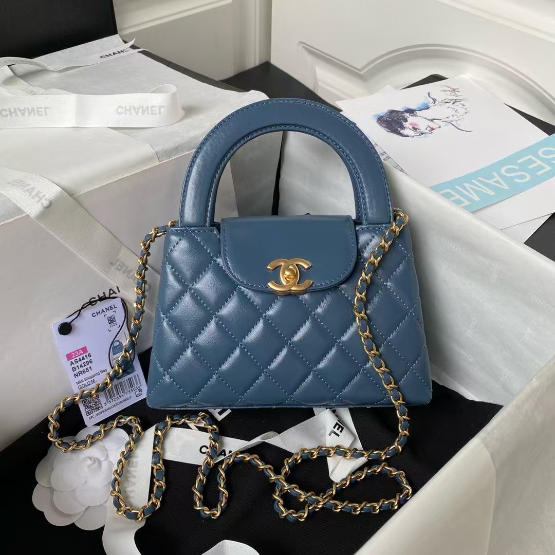 Replicate Chanel AS4416 Mini Shopping Bag Shiny Aged Calfskin Gold-Tone Metal Blue(1:1 replica)