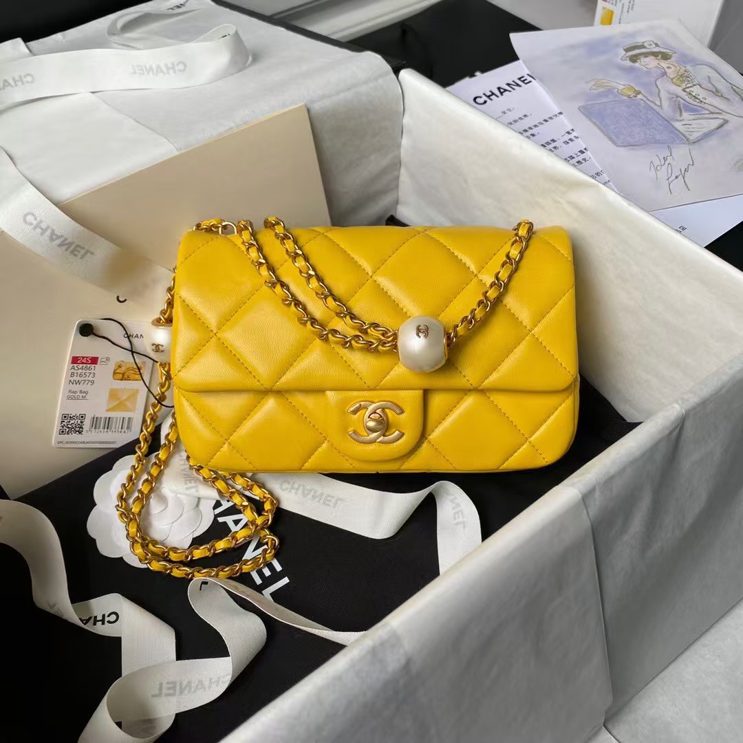 Replicate Chanel AS4861 Small Flap Bag Pearl Lambskin Faux Pearl   Gold Metal Yellow(1:1 replica)