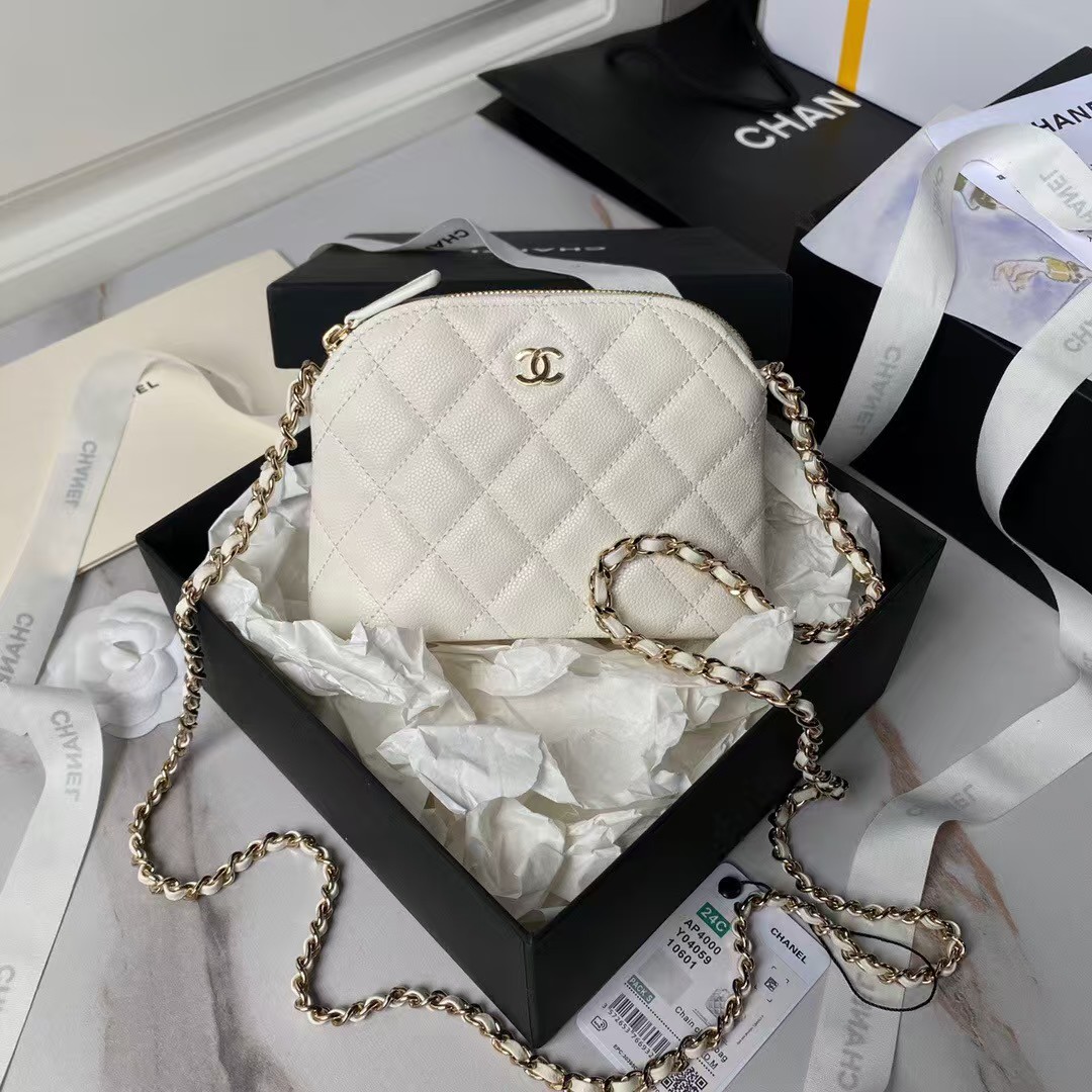 Replicate Chanel 24S AP4000 Mini Clutch With Chain Crossbody Bag White Caviar Light Gold Hardware(1:1 replica)