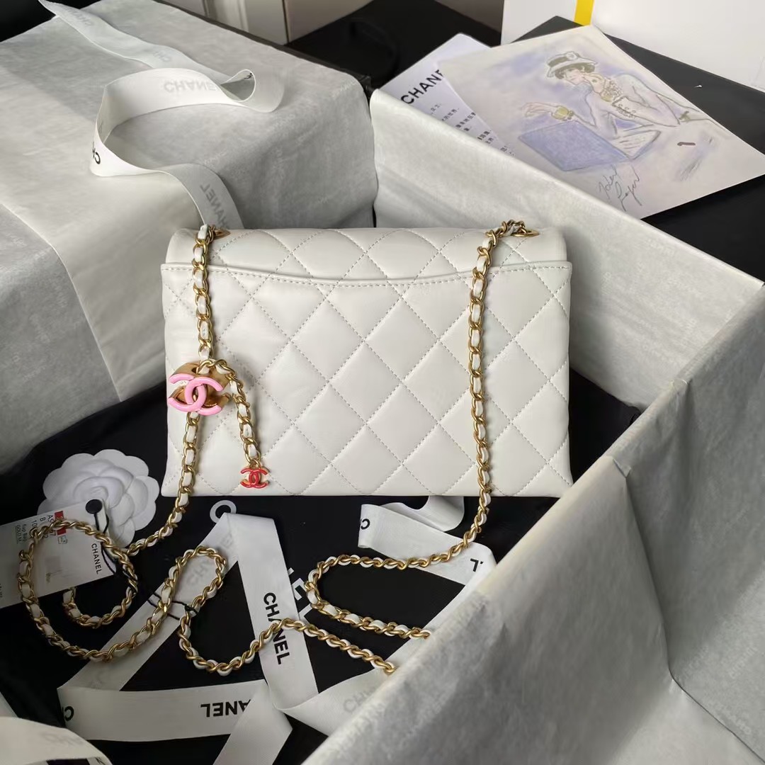 Replicate Chanel AS4967 Small Flap Bag Shiny Lambskin Enamel   Gold Metal White(1:1 replica)