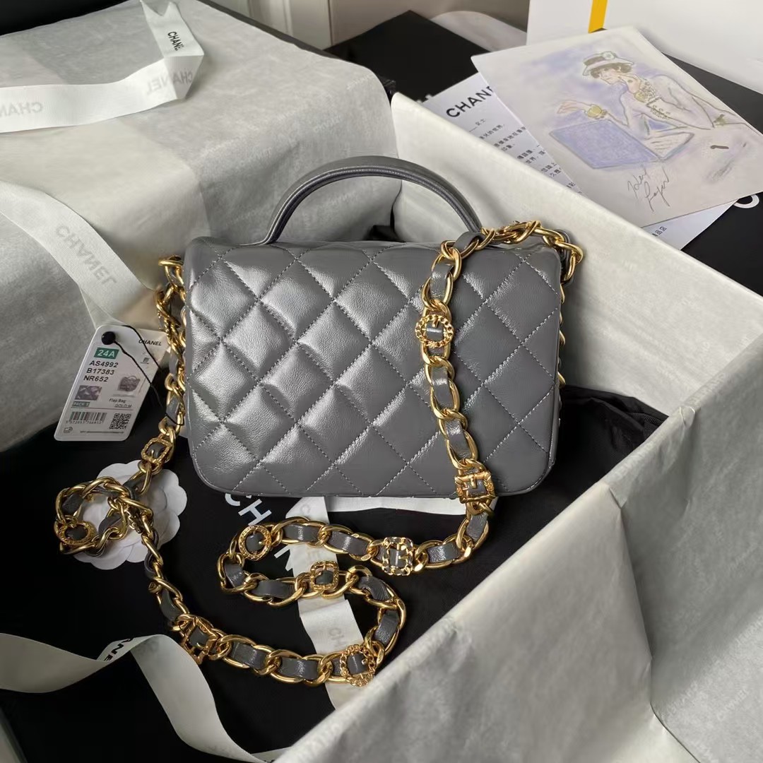 Replicate Chanel 24A AS4992 Mini Shiny Lambskin Flap Bag with Top Handle Grey(1:1 replica)