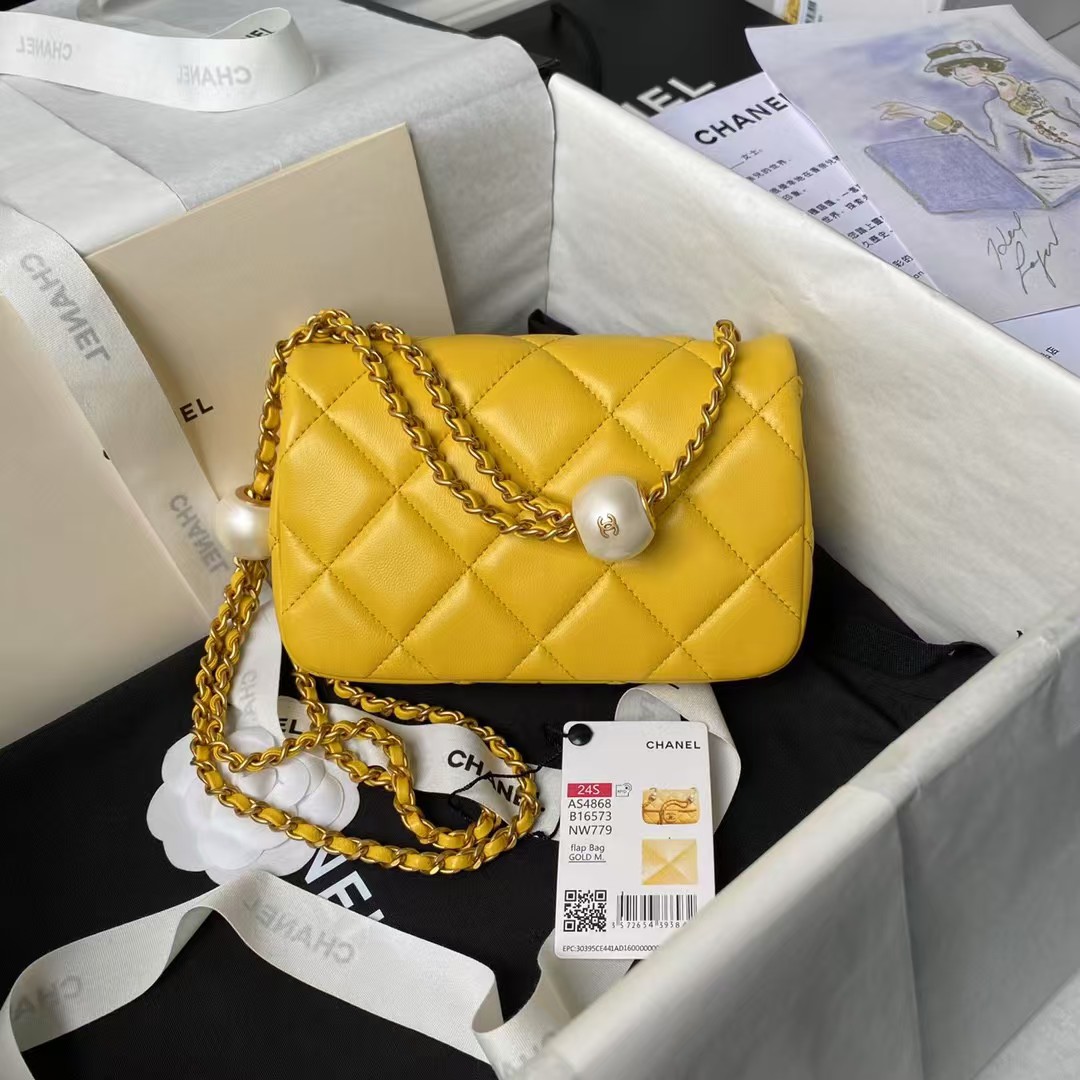 Replicate Chanel AS4868 Mini Flap Bag Pearl Lambskin Faux Pearl   Gold Metal Yellow(1:1 replica)