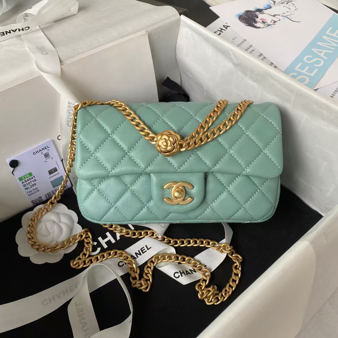 Replicate Chanel 23S AS4041 Mini Camellia Embossed Rectangular Flap Bag Antique Gold Hardware Green(1:1 replica)