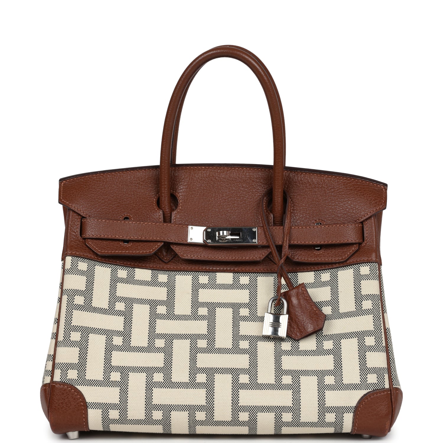 Replicate Hermes Birkin 30 Marron D'Inde Buffalo and Mosaique Canvas Palladium Hardware(1:1 replica)
