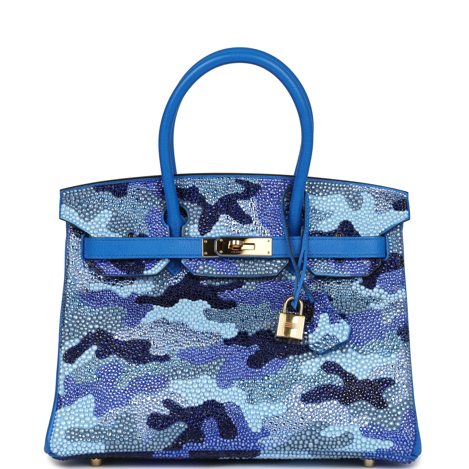 Replicate Custom Camouflage Swarovski Crystal Hermes Birkin 30 Bleu Hydra Chevre Gold Hardware(1:1 replica)