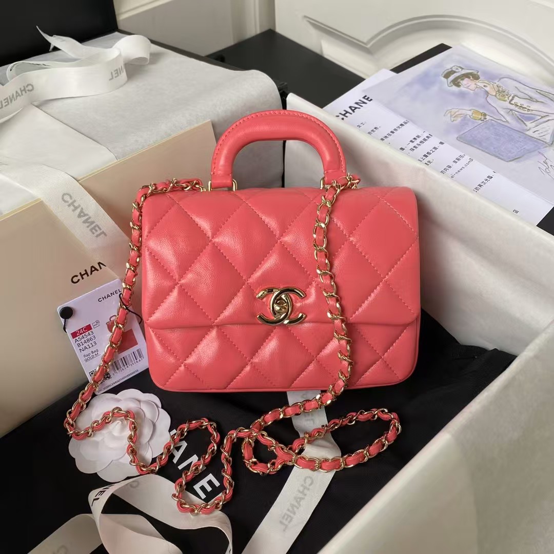 Replicate Chanel 24C AS4543 Mini Flap Bag Chain Bag Top Handle Dark Pink Lambskin(1:1 replica)