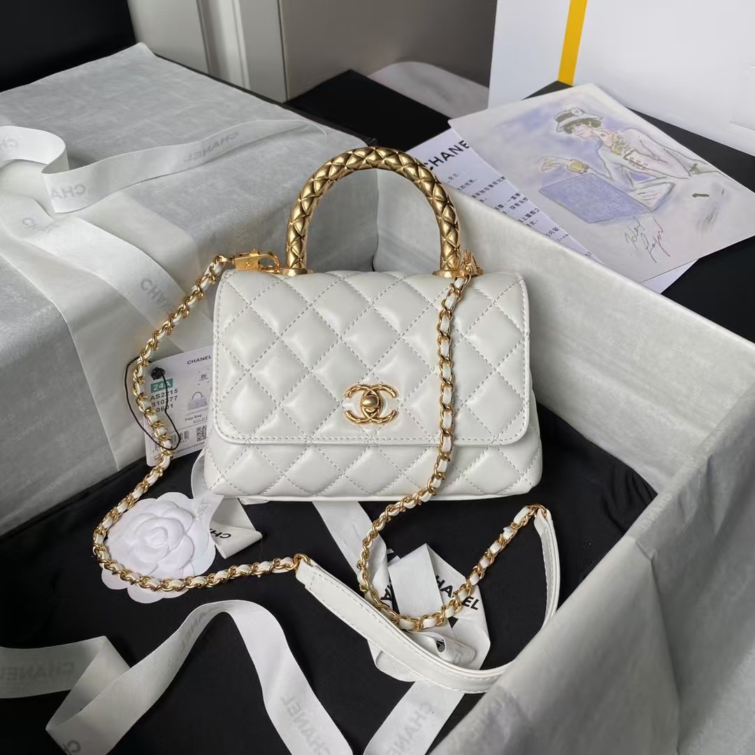 Replicate Chanel AS2215 Mini Flap Bag With Metal Top Handle Shiny Calfskin White(1:1 replica)