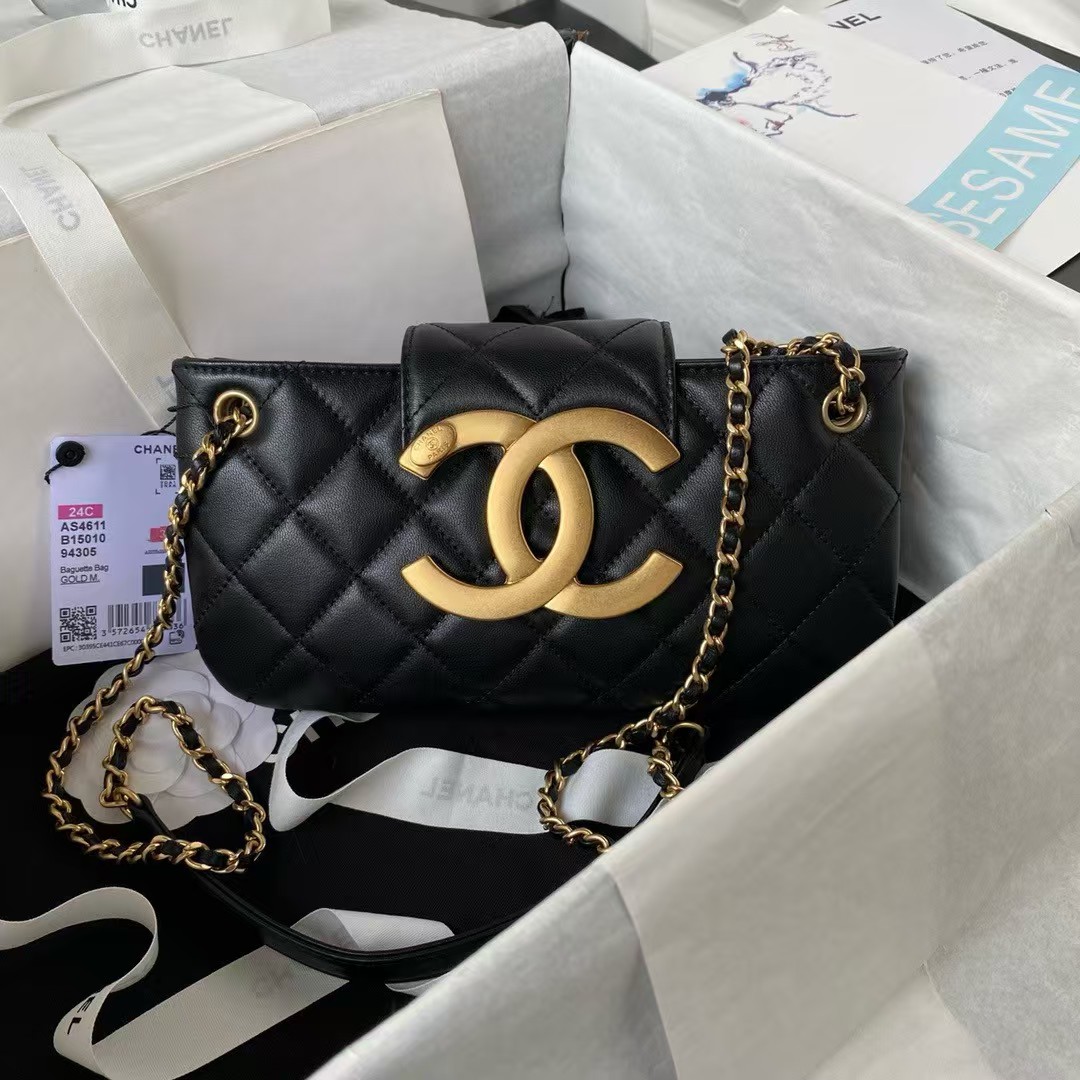 Replicate Chanel 24C AS4611 Vintage Logo Lambskin Rectangular Shoulder Bag Black(1:1 replica)