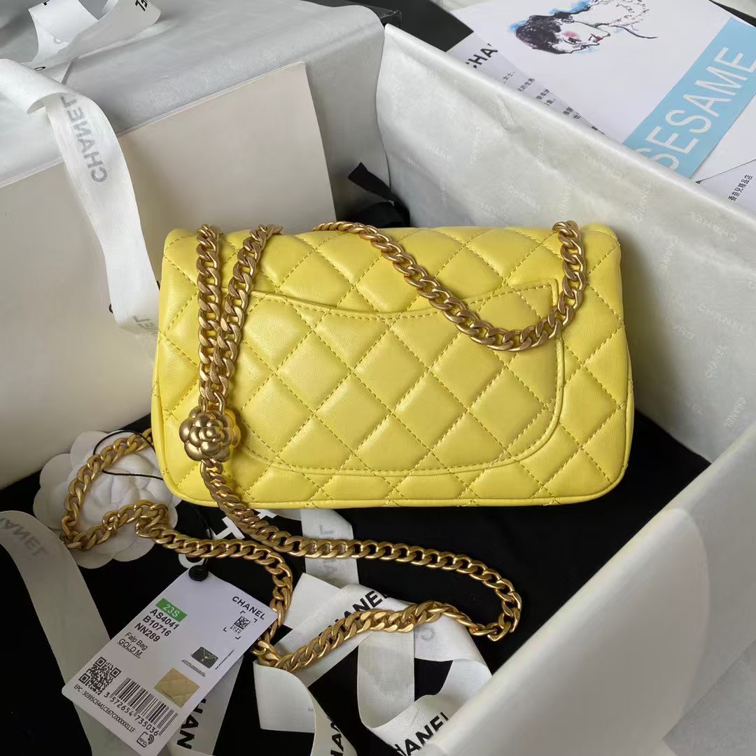 Replicate Chanel 23S AS4041 Mini Camellia Embossed Rectangular Flap Bag Antique Gold Metal Hardware Yellow(1:1 replica)