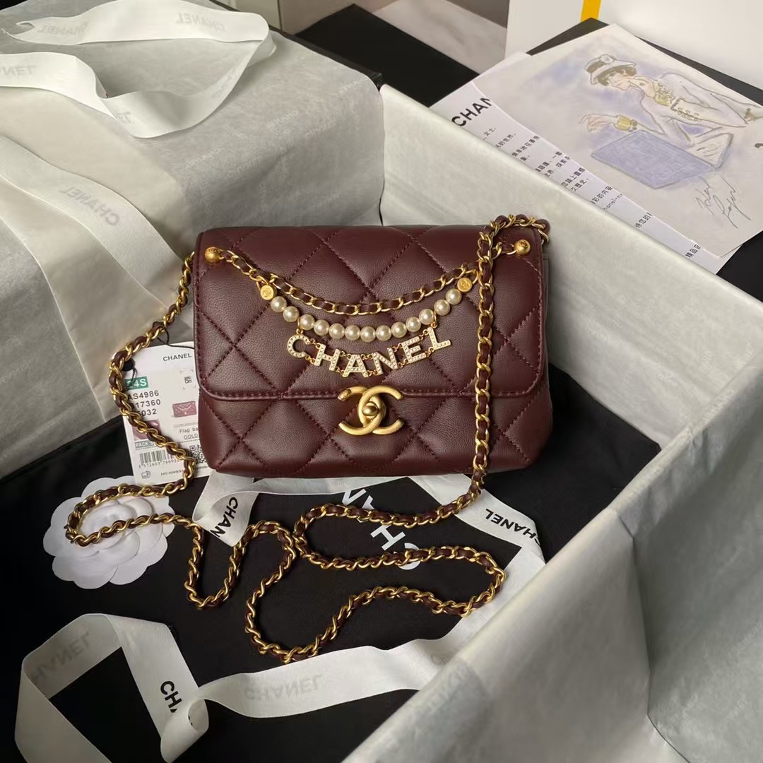Replicate Chanel AS4986 Mini Flap bag Shiny Lambskin Imitation Pearls   Gold-Tone Metal Wine Red(1:1 replica)
