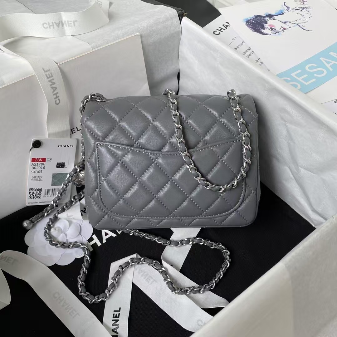 Replicate Chanel 23C AS1786 Mini Square Pearl Embossed Flap Bag Antique Silver Hardware Dark Grey(1:1 replica)