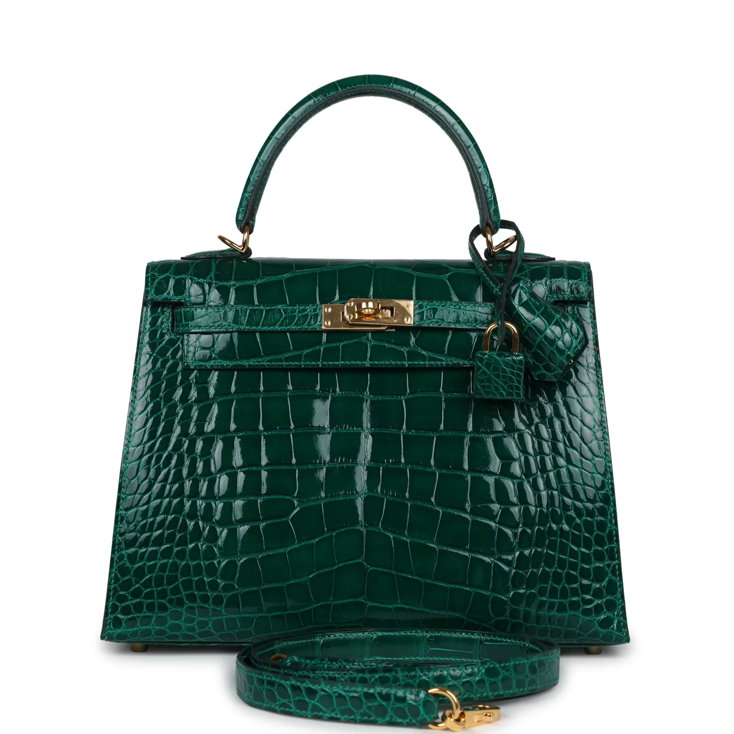 Replicate Hermes Kelly Sellier 25 Emerald Shiny Alligator Gold Hardware(1:1 replica)