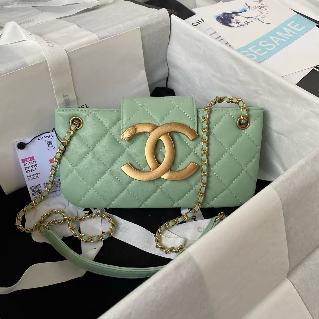 Replicate Chanel 24C AS4611 Vintage Logo Lambskin Rectangular Shoulder Bag Green(1:1 replica)