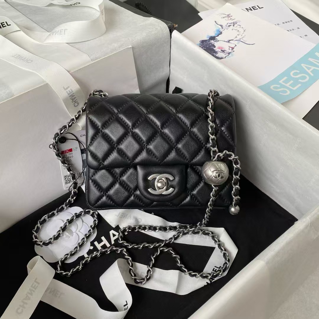 Replicate Chanel 23C AS1786 Mini Square Pearl Embossed Flap Bag Antique Silver Hardware Black(1:1 replica)