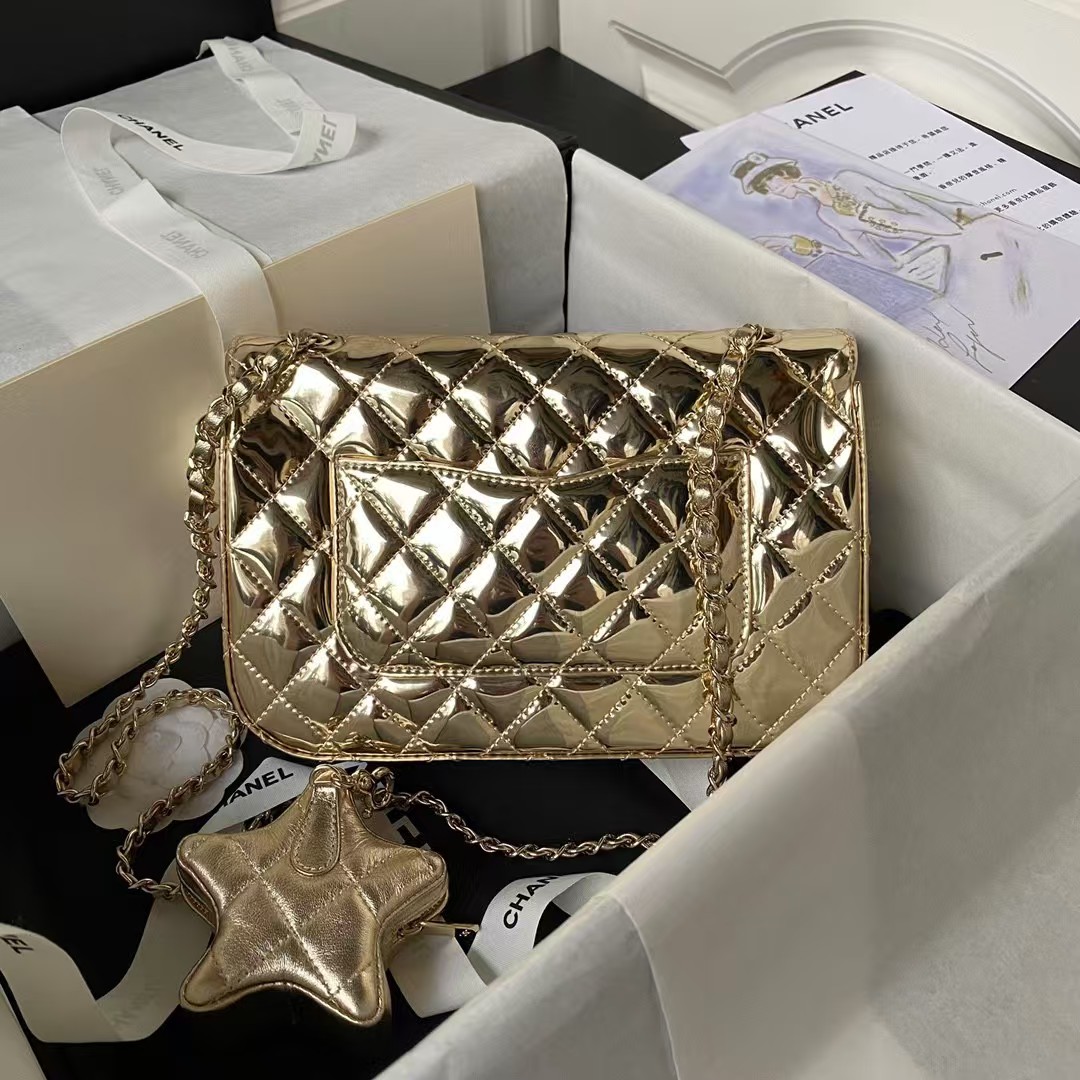 Replicate Chanel AS4648 Flap Bag Star Coin Purse Mirrored Calfskin Metallic Calfskin   Gold Metallic Gold(1:1 replica)