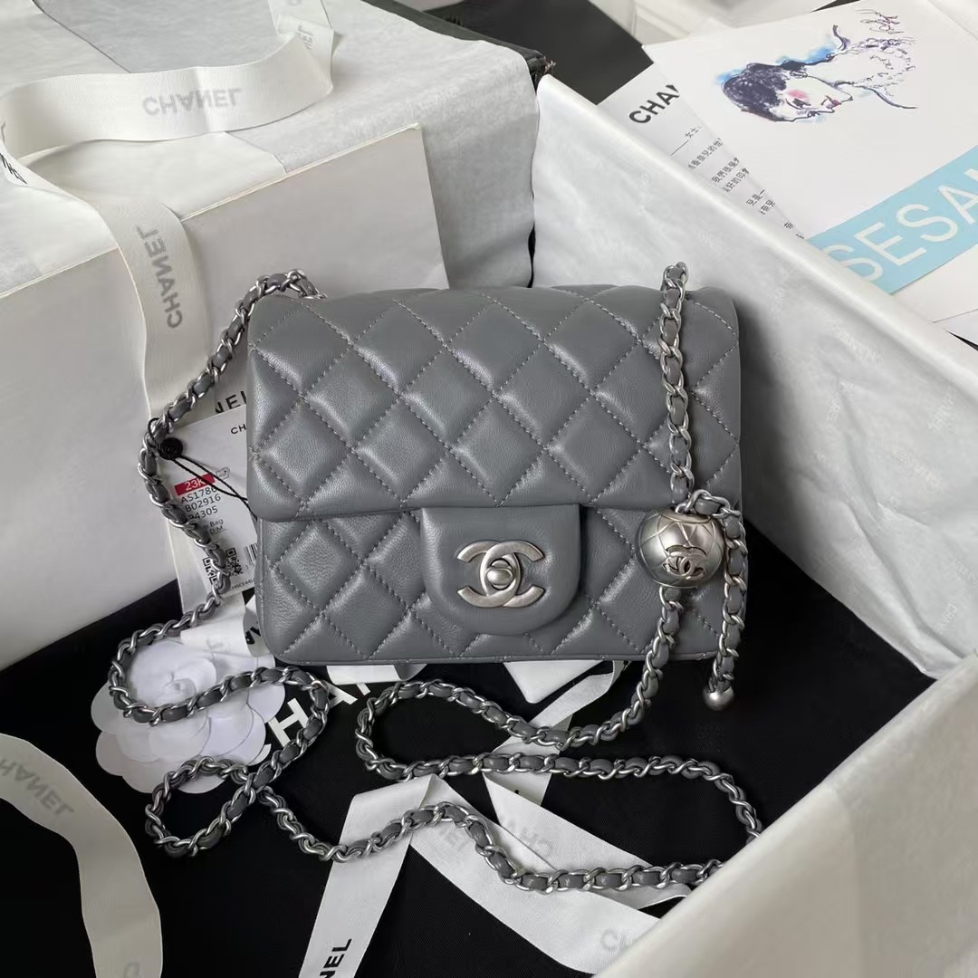 Replicate Chanel 23C AS1786 Mini Square Pearl Embossed Flap Bag Antique Silver Hardware Dark Grey(1:1 replica)