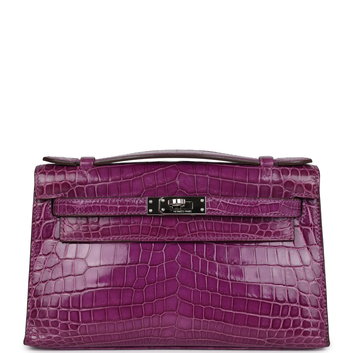 Replicate Hermes Kelly Pochette Violet Shiny Niloticus Crocodile Palladium Hardware(1:1 replica)