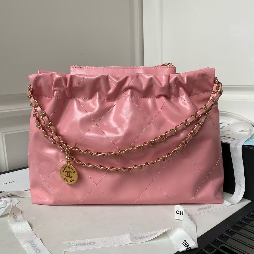 Replicate Chanel 22 Hobo Bag 24C AS4486 Gold Metallic Dark Pink Shiny Calfskin New Edition Horizontal(1:1 replica)