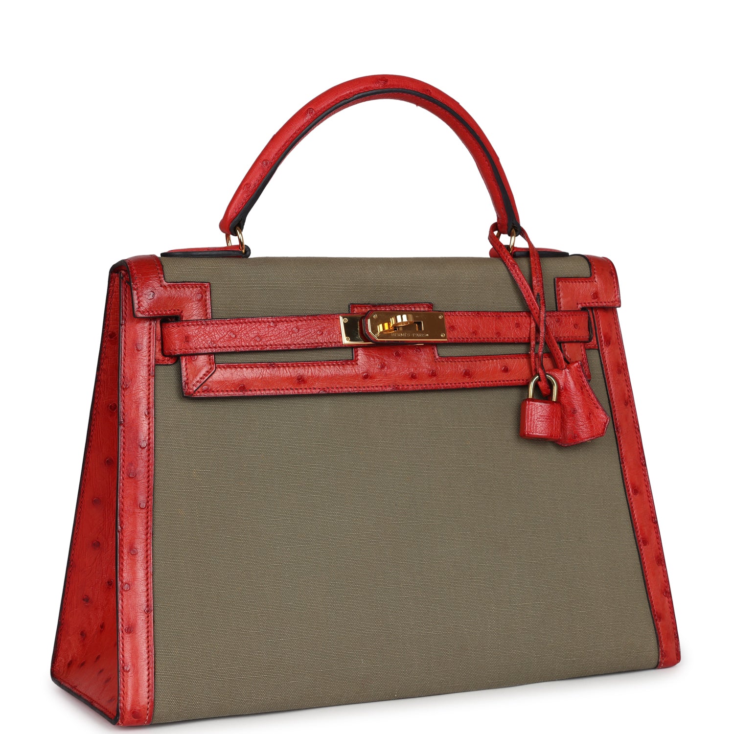 Replicate Vintage Hermes Kelly Sellier 32 Rouge Vif Ostrich and Vert Olive Officier Canvas Gold Hardware(1:1 replica)