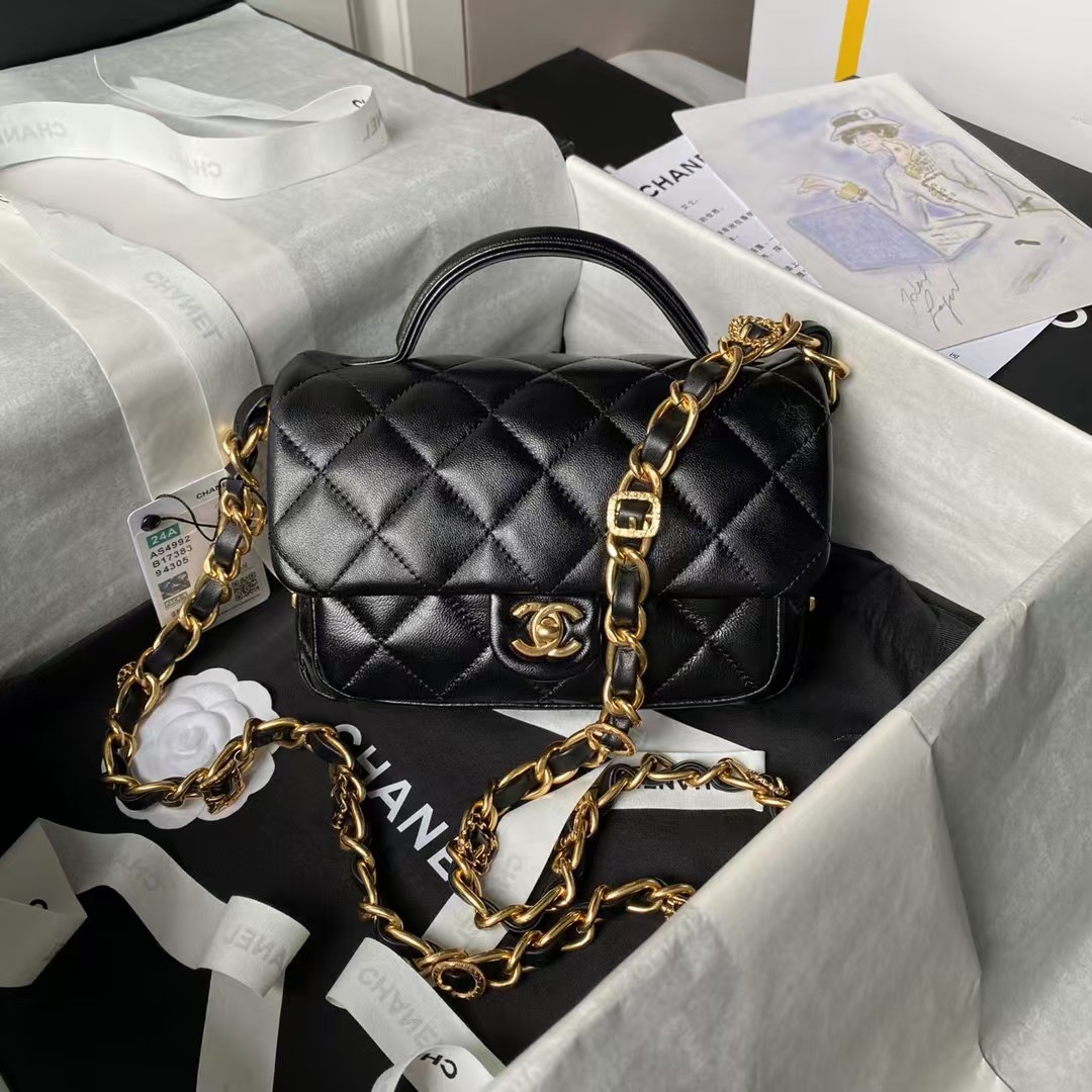 Replicate Chanel 24A AS4992 Mini Shiny Lambskin Flap Bag With Top Handle Black(1:1 replica)