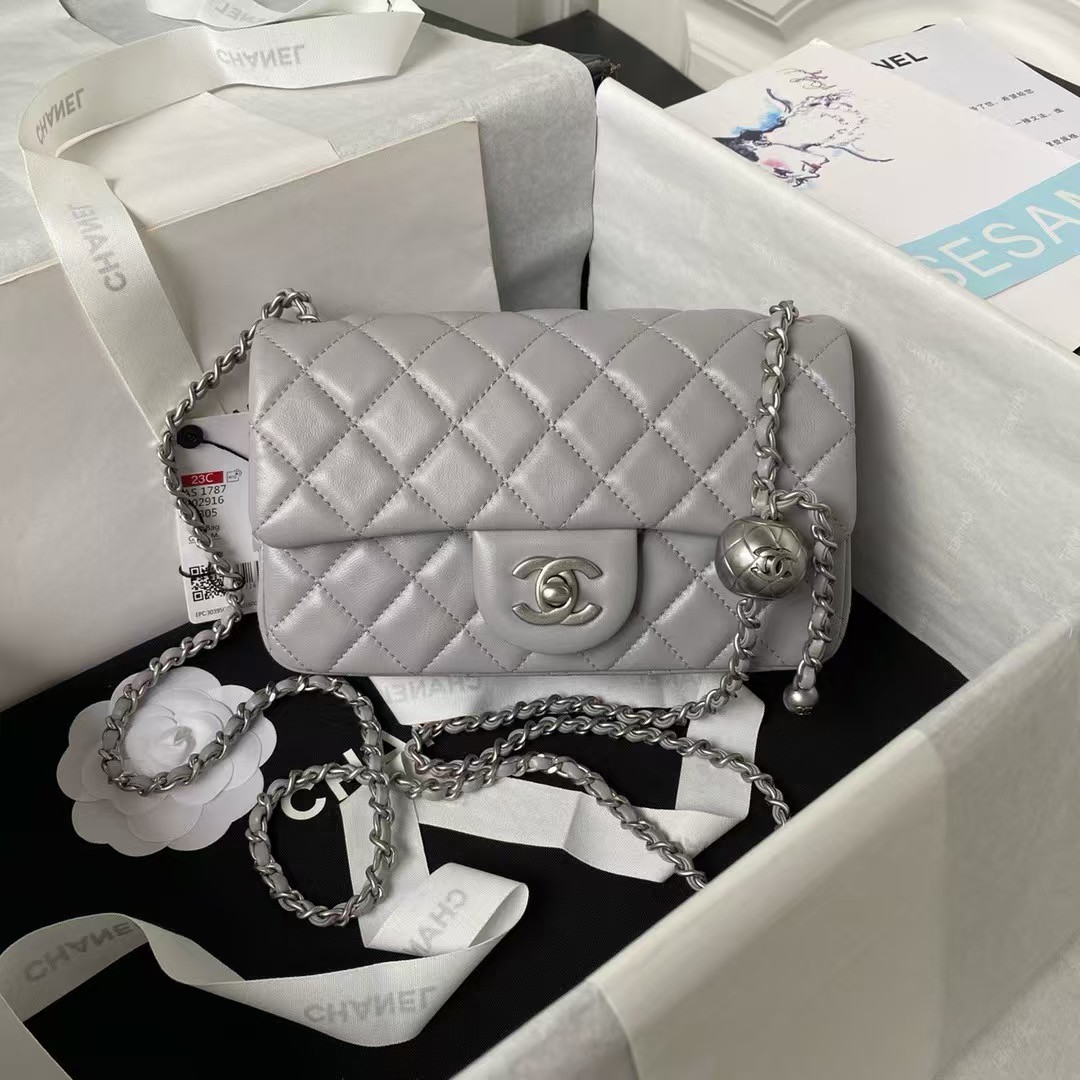 Replicate Chanel 23K AS1787 Mini Pearl Embossed Rectangular Flap Bag Lambskin Brushed Silver Metal Hardware Light Grey(1:1 replica)