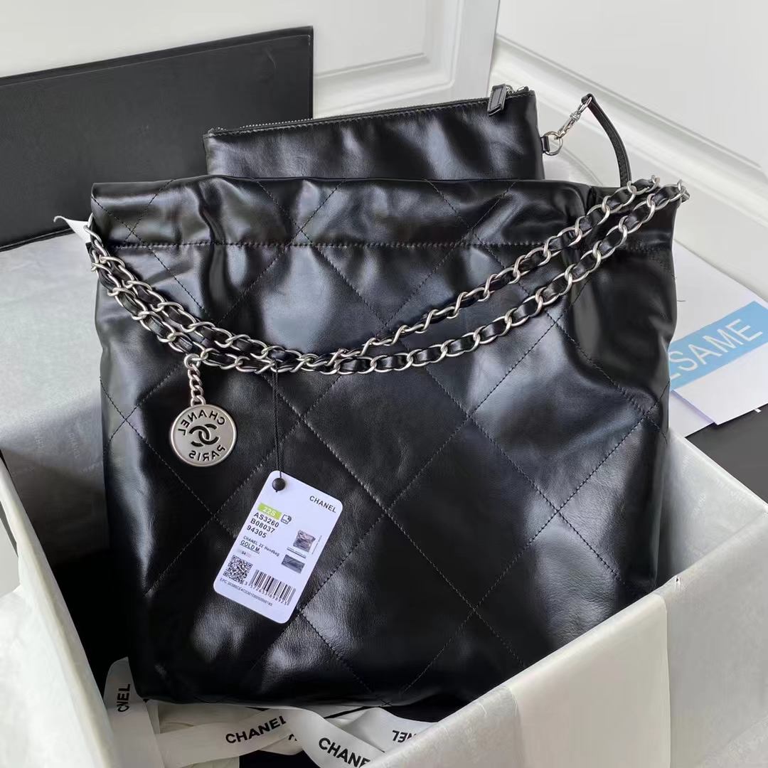 Replicate Chanel 22 AS3260 Small Bag Black Calfskin Silver Hardware(1:1 replica)