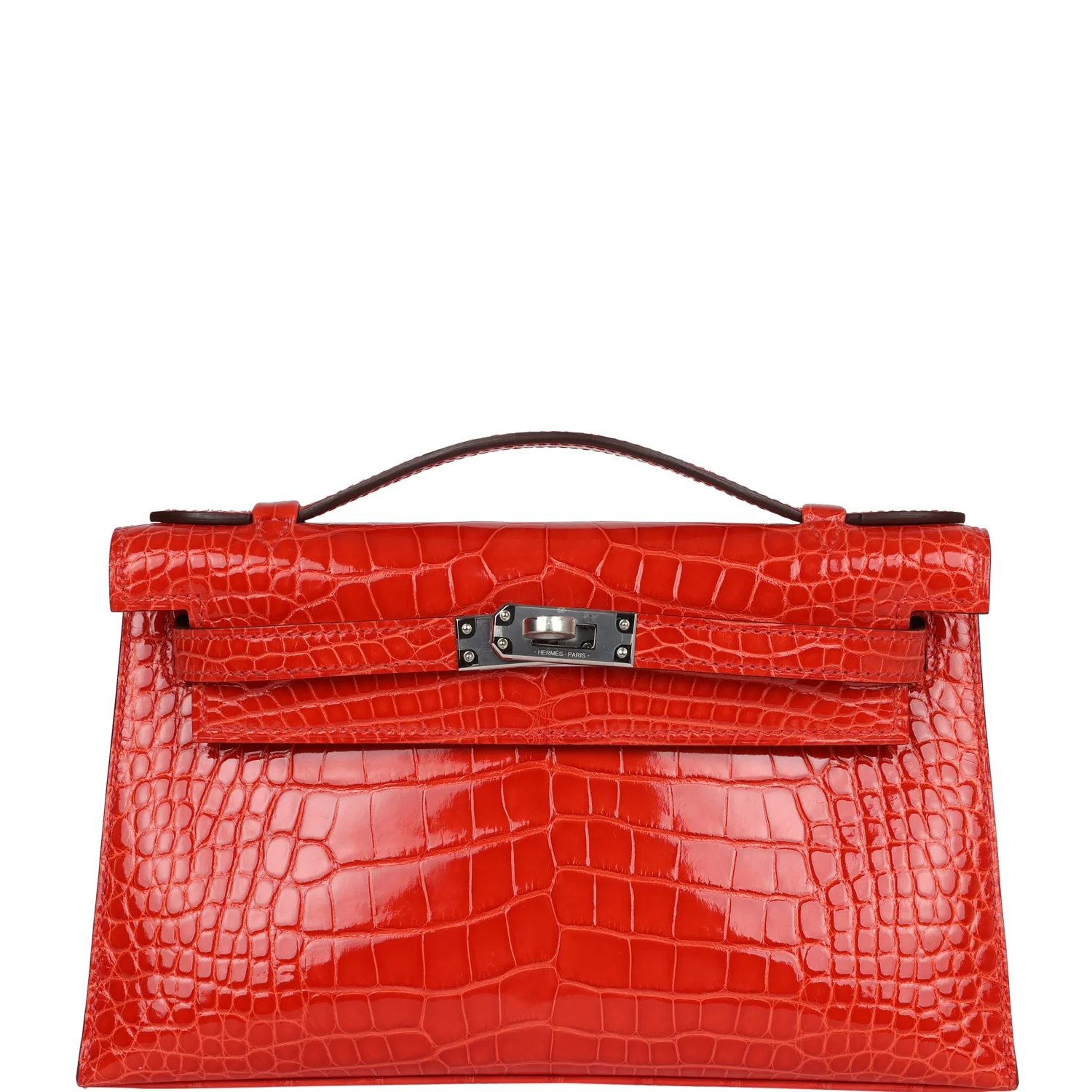 Replicate Hermes Kelly Pochette Orange Poppy Shiny Alligator Palladium Hardware(1:1 replica)