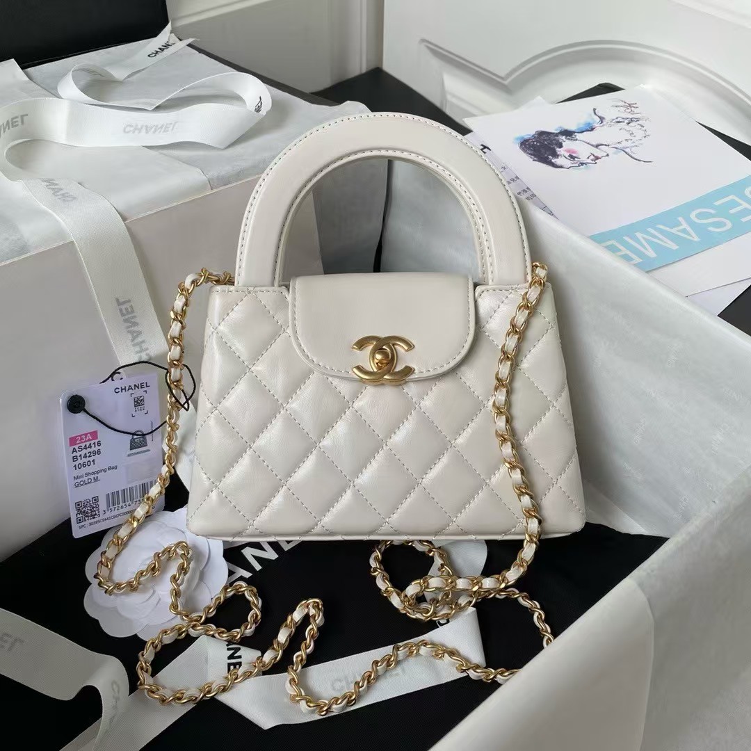 Replicate Chanel AS4416 Mini Shopping Bag Shiny Aged Calfskin Gold Tone Metal Off-White(1:1 replica)