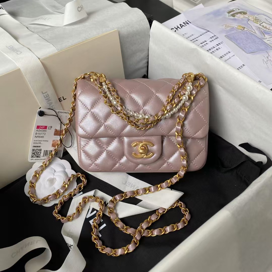 Replicate Chanel AS4385 Mini Flap Bag Pearl Lambskin Faux Pearl   Gold Metal Pink Iridescent(1:1 replica)