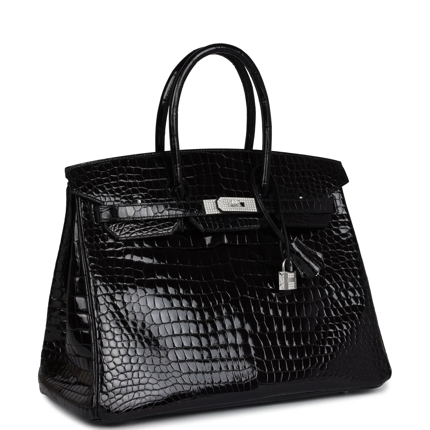 Replicate Hermes Birkin 35 Black Shiny Porosus Crocodile 18K White Gold Diamond Hardware(1:1 replica)
