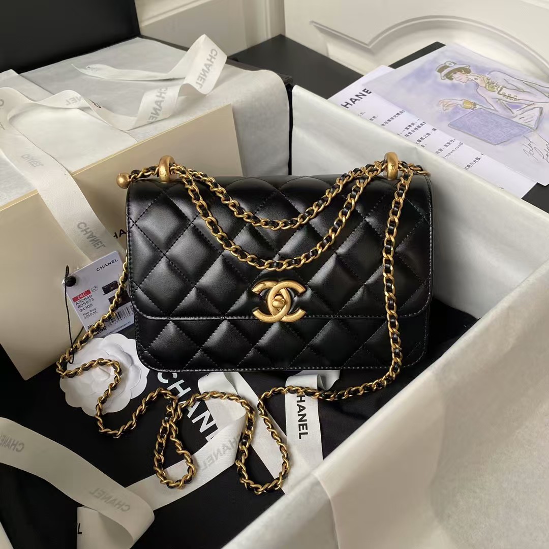 Replicate Chanel AS2649 Chain Bag With Gold Charm Small Vintage Calfskin Bag Black(1:1 replica)